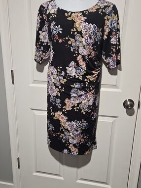 connected apparel Black Midi Dress with Lavender and Cream Floral Print